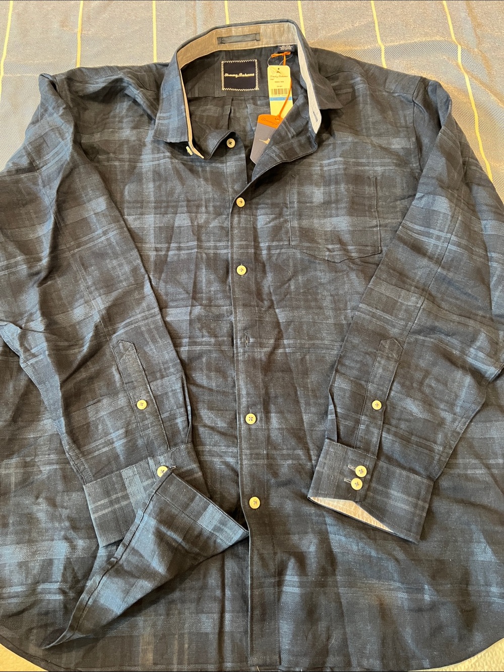 Tommy Bahama Navy Plaid Long-Sleeve cotton and linen button down